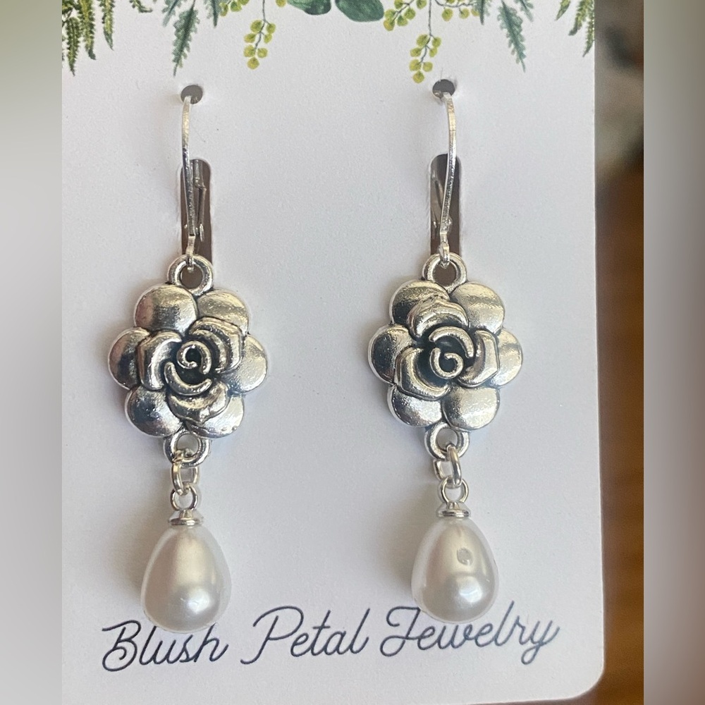 Silver Floral Drop Earrings with White Teardrop Pearl